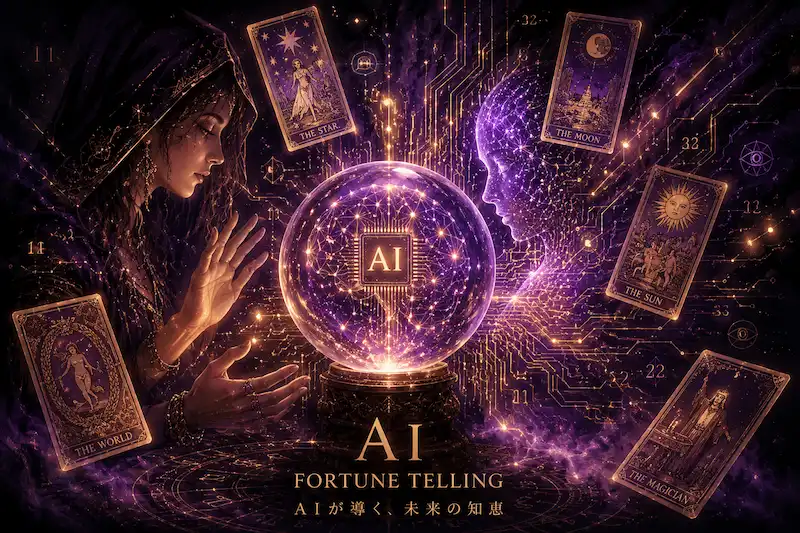 水晶玉とAIのデジタルネットワーク、浮かぶタロットカードが融合した幻想的なAI占いイメージ。紫と金色の光が広がる未来的で神秘的なダークファンタジー風アート