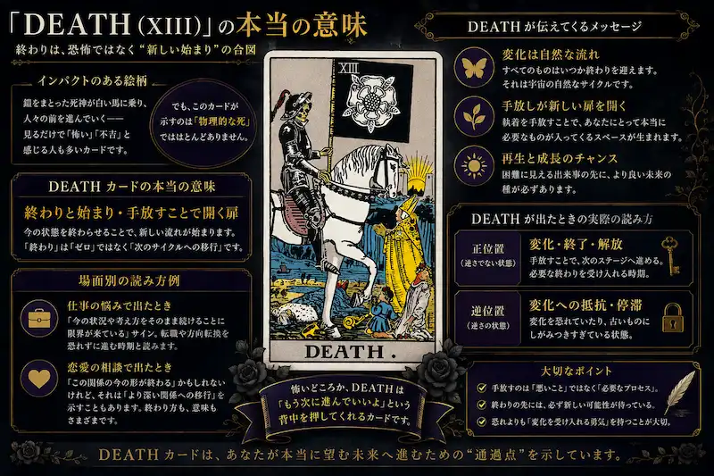 タロットカード『死神（XIII）』の本当の意味を解説した挿入画像。死神カードを中心に、終わりと始まり・変化・手放しの意味をダークで神秘的なデザインで表現したインフォグラフィック