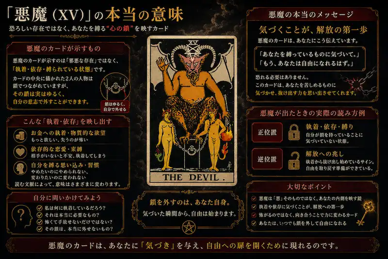 タロットカード『悪魔（THE DEVIL）』の本当の意味を解説した挿入画像。執着・依存・心の鎖をテーマに、悪魔カードの正位置と逆位置の読み方をダークで神秘的なデザインで表現したインフォグラフィック