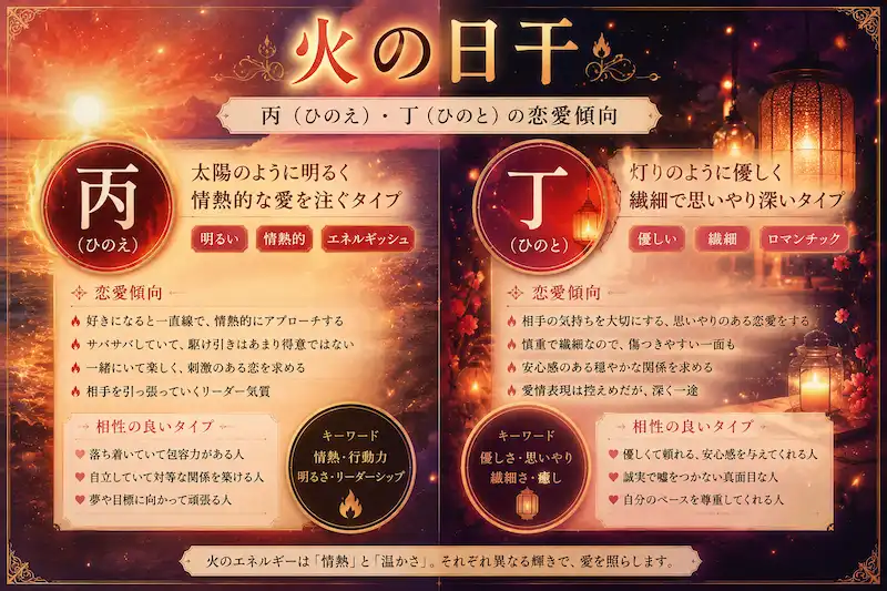 四柱推命の火の日干である丙と丁の恋愛傾向を幻想的に表現したイメージ画像