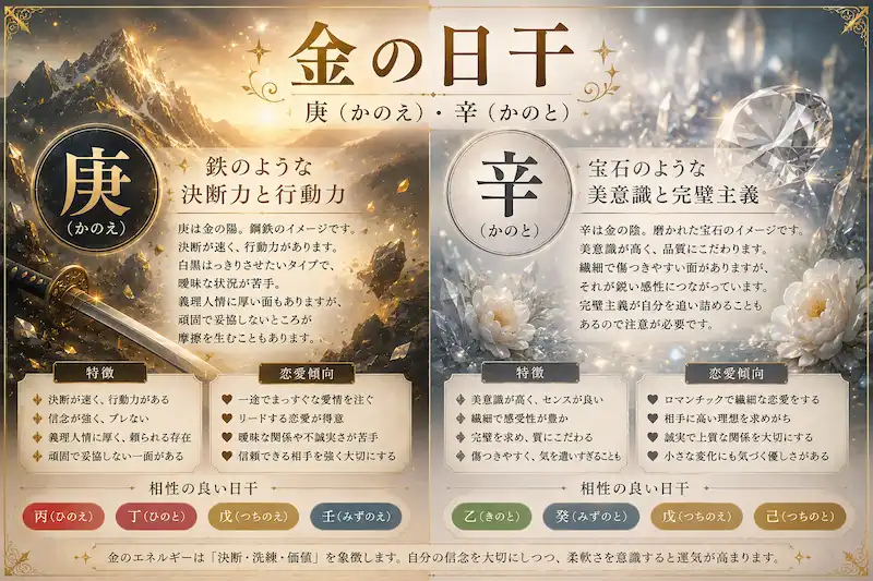 四柱推命の金の日干である庚と辛の性格や恋愛傾向を幻想的に表現したイメージ画像