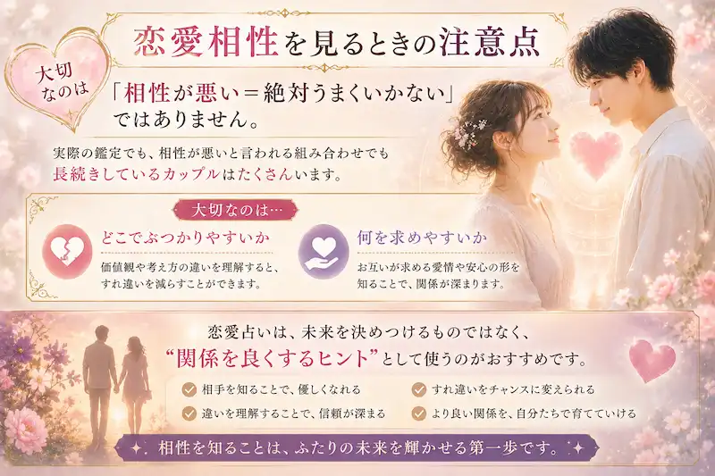 恋愛相性占いを見るときの注意点と関係を良くするヒントを表現した幻想的なイメージ画像