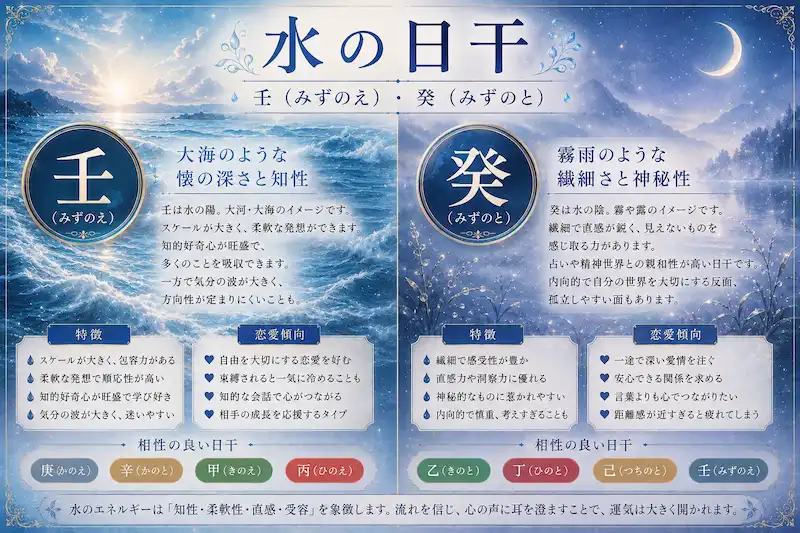 四柱推命の水の日干である壬と癸の性格や恋愛傾向を幻想的に表現したイメージ画像