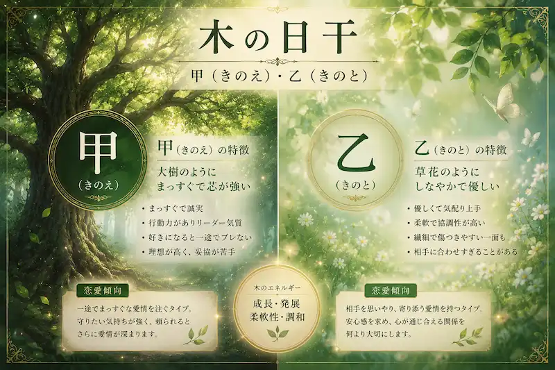 四柱推命の木の日干である甲と乙の恋愛傾向を表現した幻想的なイメージ画像