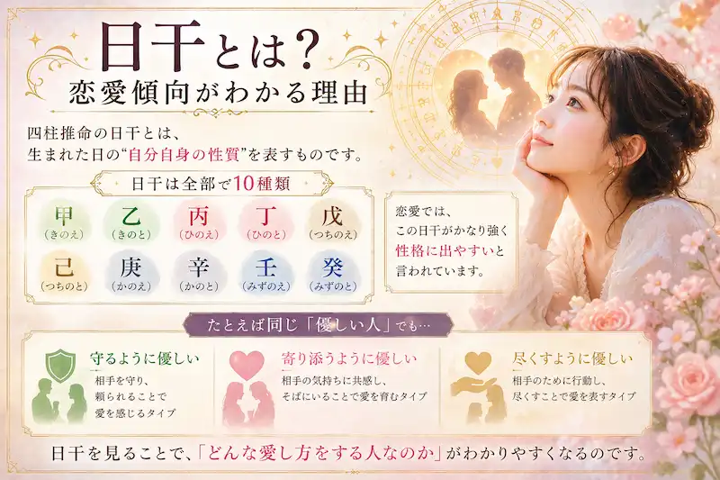 四柱推命の日干によって恋愛傾向が変わる理由を解説した幻想的なイメージ画像