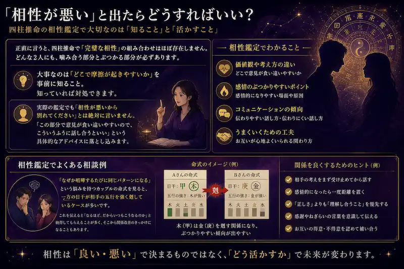 四柱推命で『相性が悪い』と出たときの考え方や関係改善のヒントを解説した挿入画像。カップルのシルエットや命式イメージを使い、相性鑑定の見方を神秘的に表現したデザイン