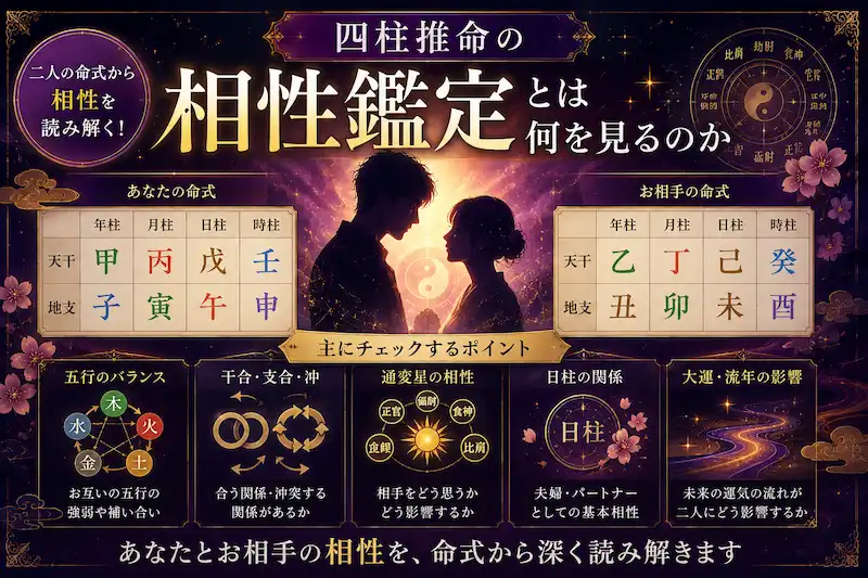 四柱推命の相性鑑定で何を見るのかを解説したサムネイル画像。男女のシルエットと命式表、五行や通変星の図を使い、恋愛や結婚の相性分析を神秘的に表現したデザイン