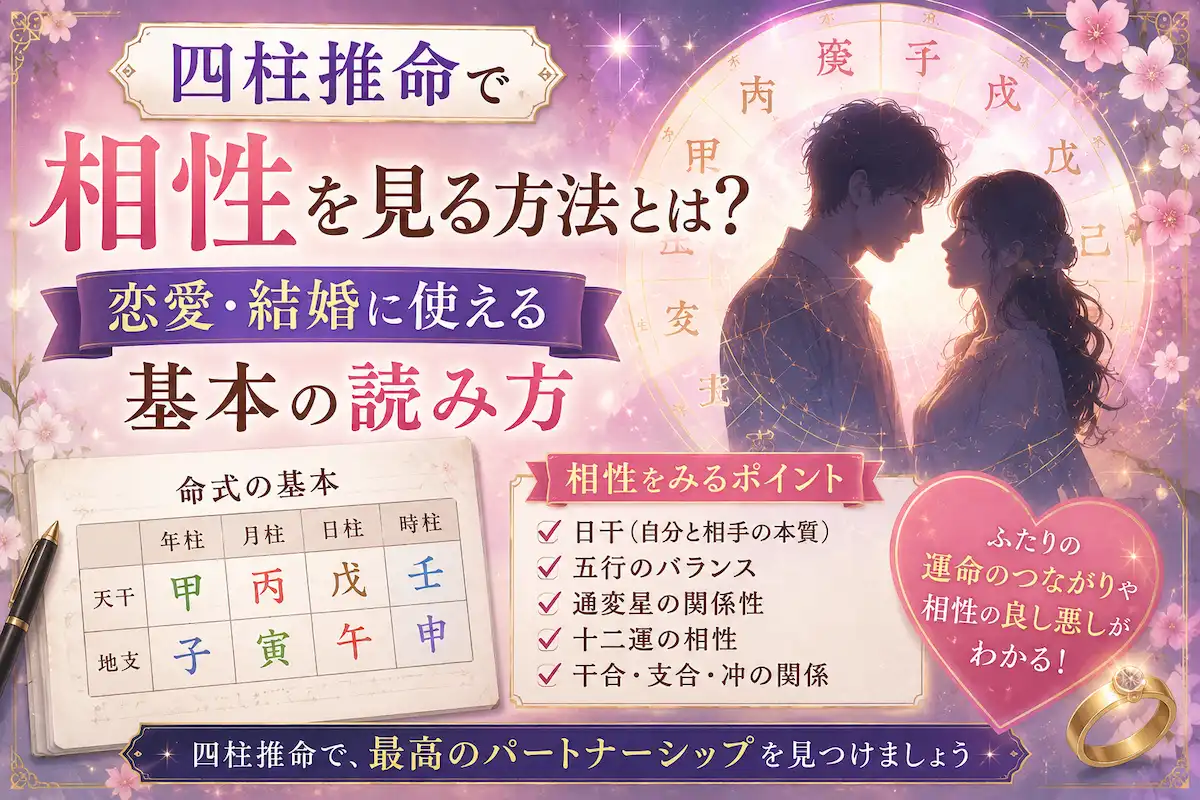 四柱推命で恋愛や結婚の相性を見る方法を解説するサムネイル画像。命式表や陰陽五行の要素を背景に、男女のシルエットと相性診断のポイントを神秘的に表現したデザイン