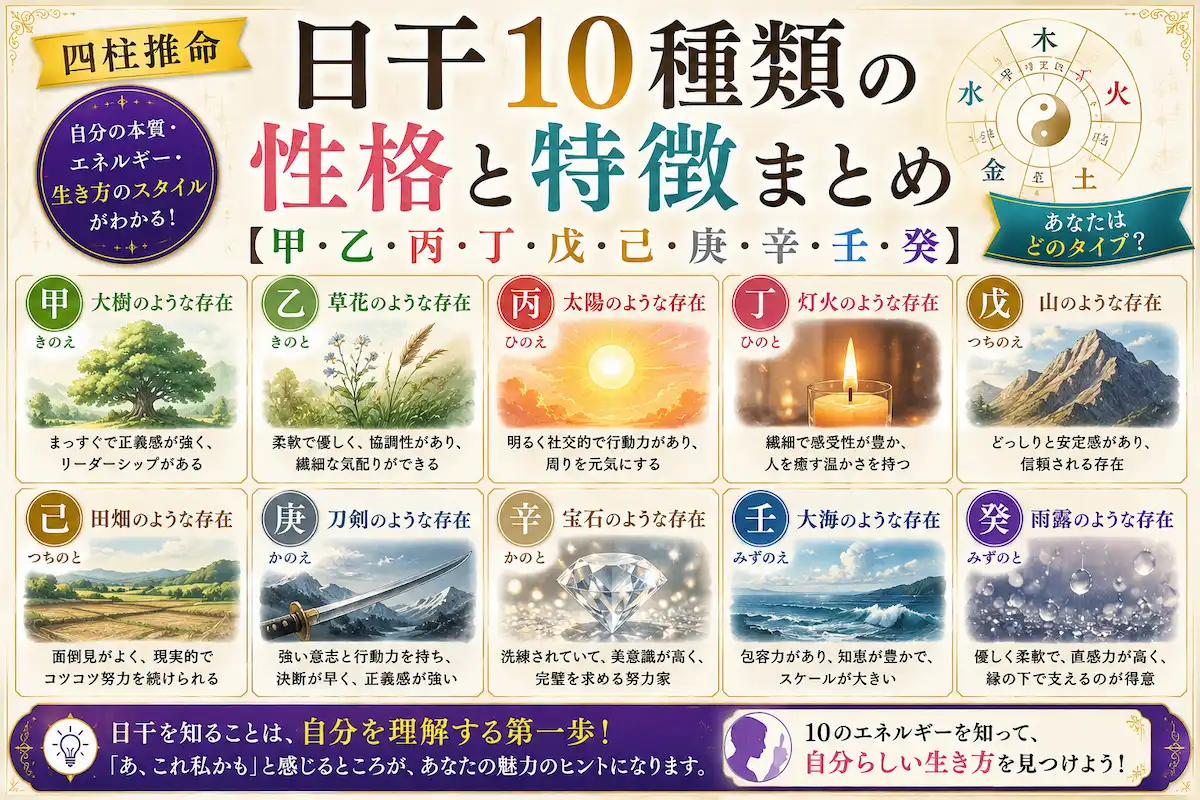 四柱推命の日干10種類（甲・乙・丙・丁・戊・己・庚・辛・壬・癸）の性格と特徴をまとめたサムネイル画像。木・火・土・金・水のエネルギーを象徴するイラストとともに、本質や生き方のスタイルをわかりやすく解説しているデザイン