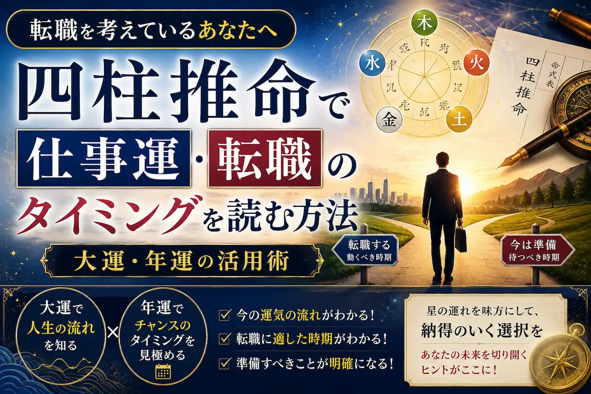 四柱推命で仕事運や転職のタイミングを読む方法を解説したサムネイル画像。大運・年運の流れや人生の転機を、分かれ道に立つ人物と命式イメージで表現した神秘的なデザイン