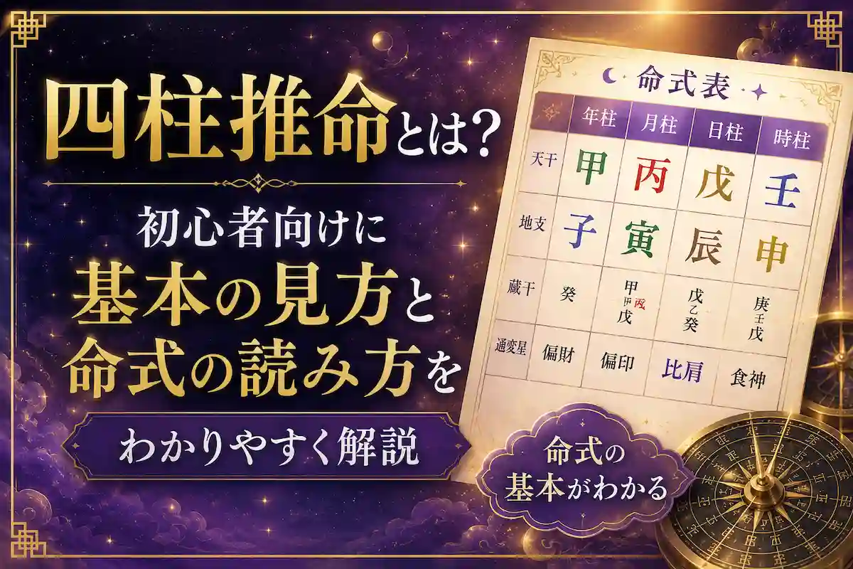 四柱推命とは何かを初心者向けに、命式表の基本の見方と読み方をわかりやすく解説した画像