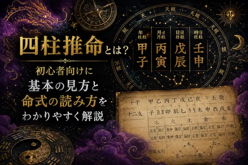 四柱推命の命式（年柱・月柱・日柱・時柱）と十干・十二支の対応表を神秘的なデザインで解説した画像