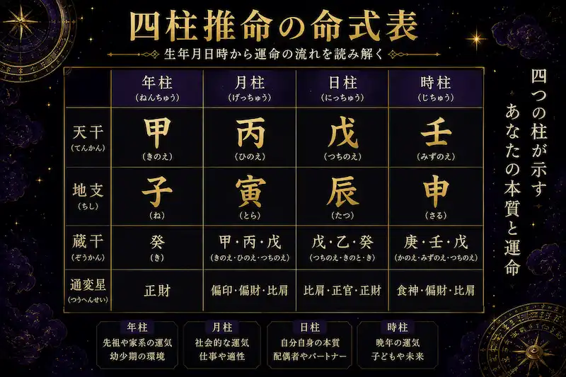 四柱推命の命式表（年柱・月柱・日柱・時柱）に天干・地支・蔵干・通変星を記載した図解画像