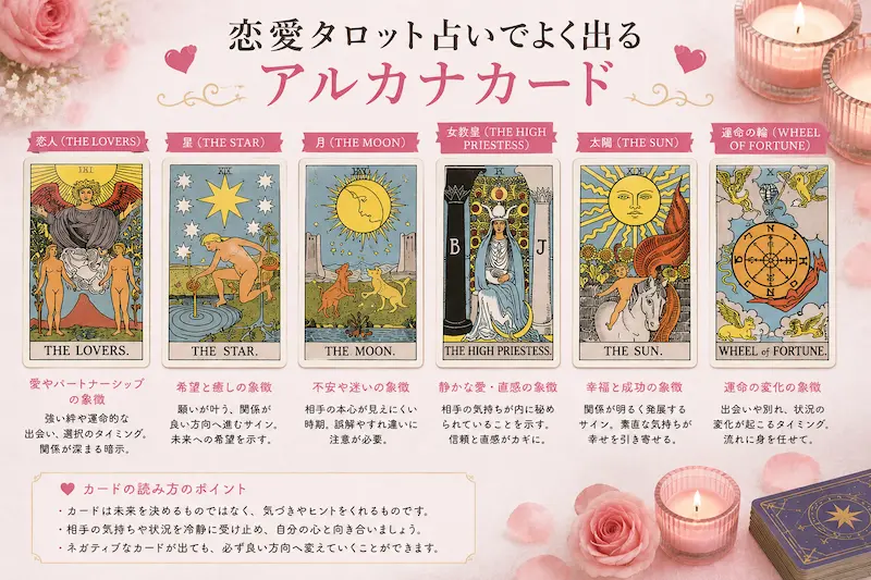 恋愛タロット占いでよく出る大アルカナカード(恋人・星・月など)