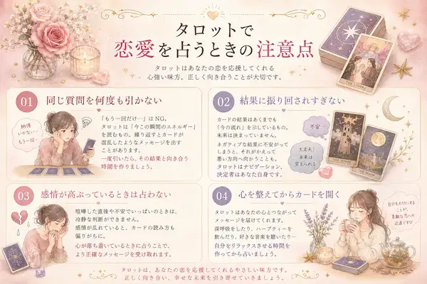 タロットで恋愛を占うときの注意点を解説した女性向けスピリチュアル風インフォグラフィック。恋愛タロットの正しい向き合い方をやさしく紹介しているデザイン