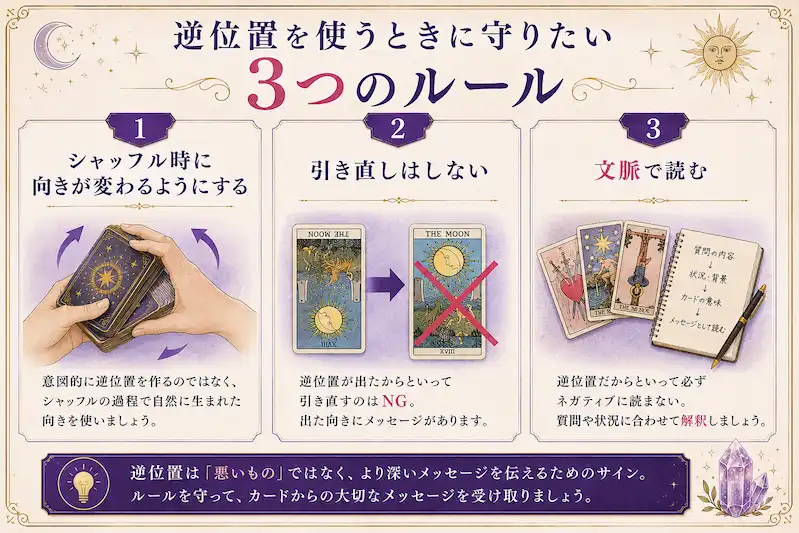 タロットの逆位置を使うときに守りたい3つのルールをまとめた挿入画像。シャッフル方法・引き直し禁止・文脈で読む大切さを初心者向けに整理したデザイン