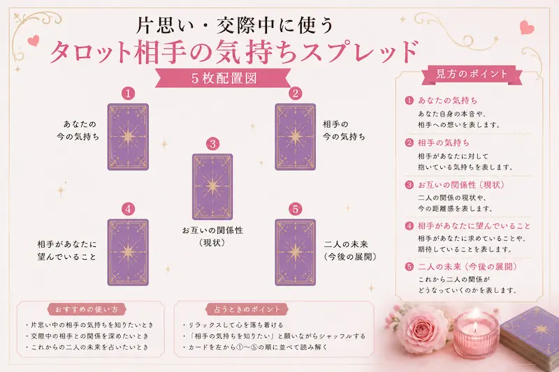 :片思い・交際中に使うタロット相手の気持ちスプレッド5枚配置図