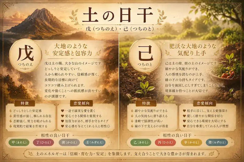 四柱推命の土の日干である戊と己の性格や恋愛傾向を表現した幻想的なイメージ画像