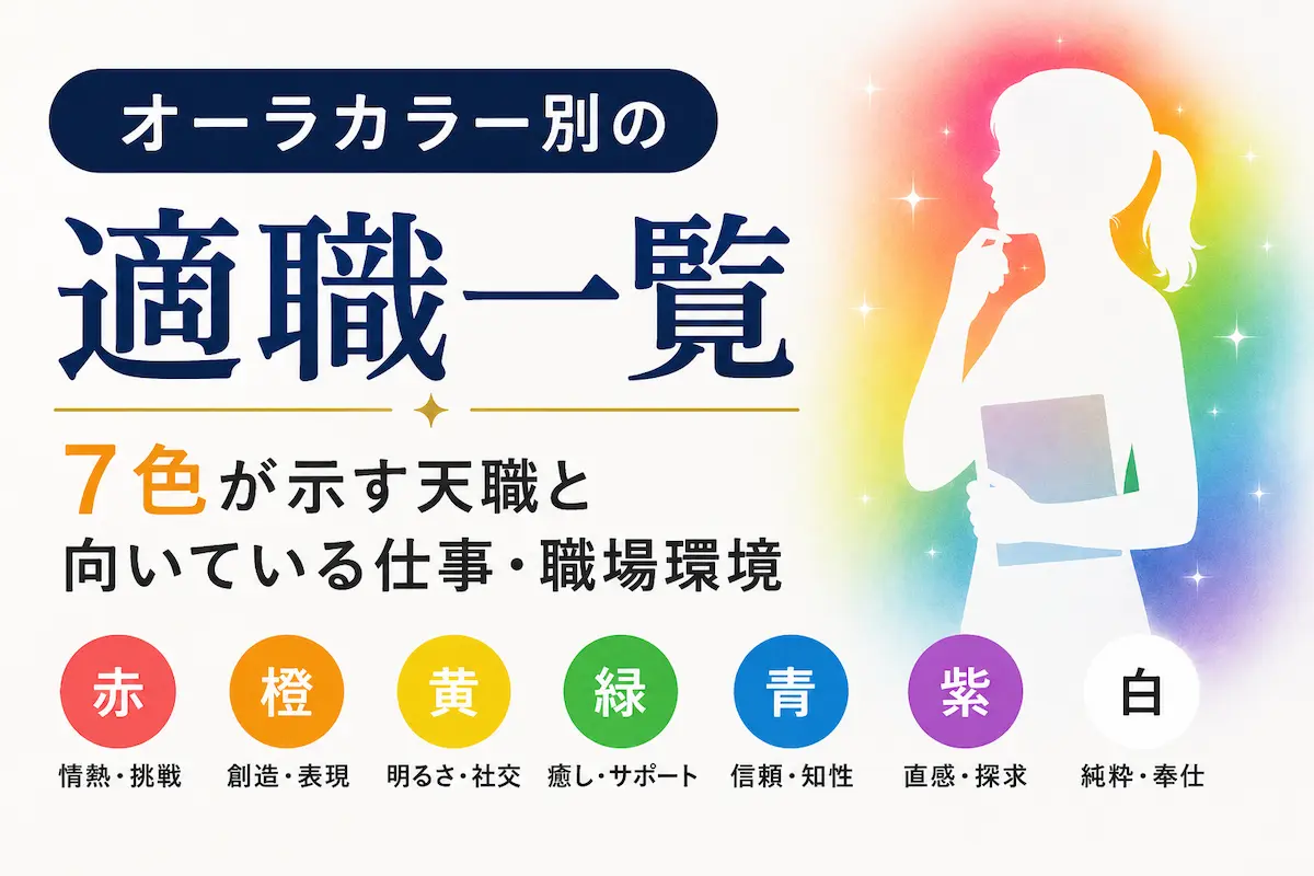 赤・青・黄・緑・紫・白・金オーラ別の適職と天職、向いている仕事や職場環境を解説するオーラカラー診断のイメージ