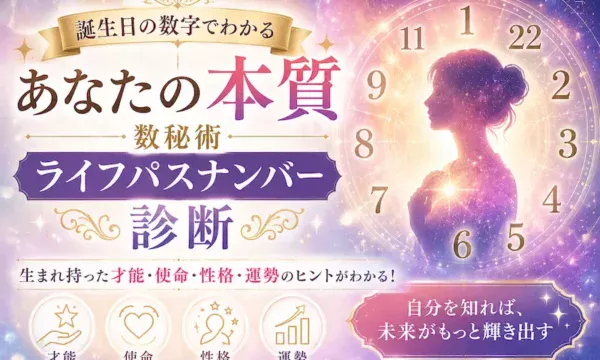 誕生日の数字でわかるライフパスナンバー診断のイメージ画像。数秘術で本質や性格、才能、運命を読み解く方法を解説。