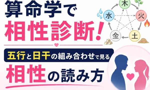 算命学の相性診断ガイド。五行と日干の組み合わせを使って恋愛相性や結婚相性、人間関係の相性を読み解く方法を紹介。