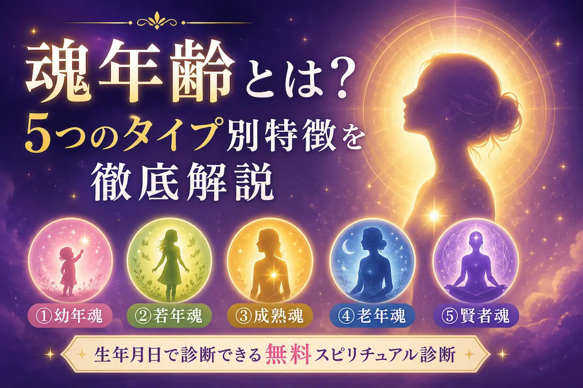 魂年齢診断のイメージ。紫と金を基調にした神秘的な背景と光る人物シルエット、5つの魂タイプを表現したスピリチュアルなサムネイル画像