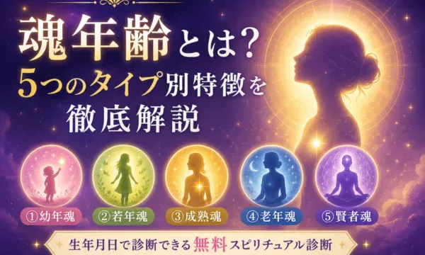 魂年齢診断のイメージ。紫と金を基調にした神秘的な背景と光る人物シルエット、5つの魂タイプを表現したスピリチュアルなサムネイル画像