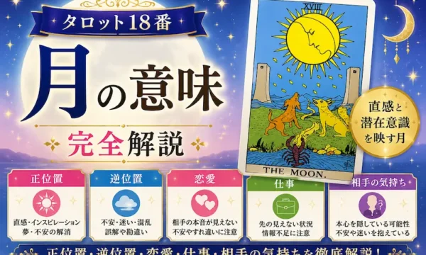月（タロット18番）の意味を解説するサムネイル画像。正位置・逆位置・恋愛・仕事・相手の気持ちを月夜とタロットカードで神秘的に表現した初心者向けデザイン