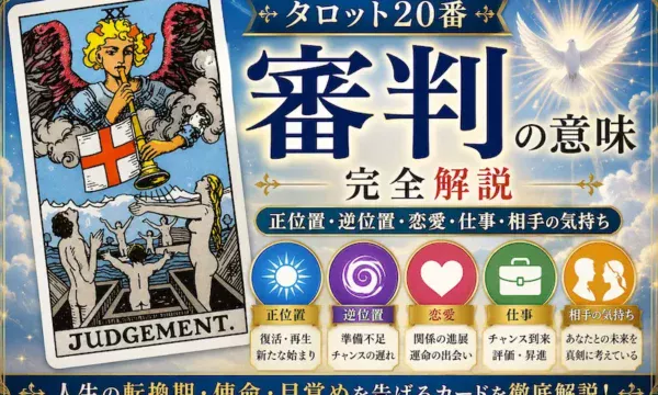 審判（タロット20番）の意味を解説するサムネイル画像。正位置・逆位置・恋愛・仕事・相手の気持ちを、天使とラッパ、光をモチーフに人生の転機や目覚めを表現した初心者向けデザイン