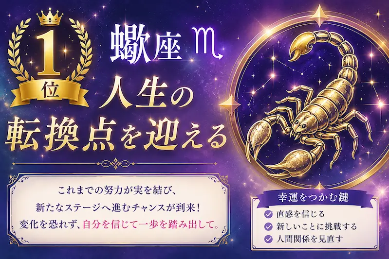 12星座運勢ランキング1位の蠍座を表現したイメージ画像。人生の転機や成長、幸運の到来を象徴するデザイン。