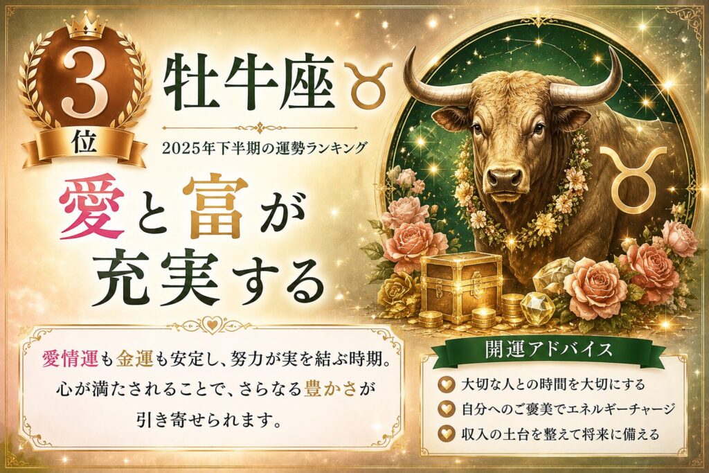 12星座運勢ランキング3位の牡牛座を表現したイメージ。恋愛運と金運が充実し、豊かな人間関係と経済的安定を引き寄せる運気を象徴。