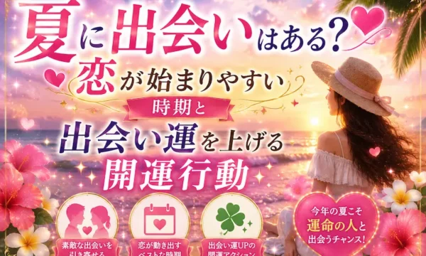夏に出会いはあるのかをテーマに、恋が始まりやすい時期や出会い運を上げる開運行動を紹介するサムネイル画像。夕暮れの海辺やハート、南国の花をモチーフに、ピンクとゴールドを基調とした恋愛運アップをイメージしたアイキャッチ画像