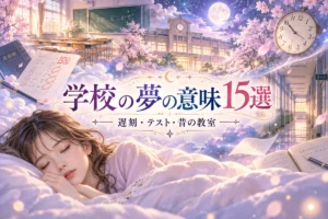 学校の夢の意味15選のサムネイル。眠る女性と桜が舞う学校、昔の教室・時計・テスト用紙を描いた夢占いのイラスト